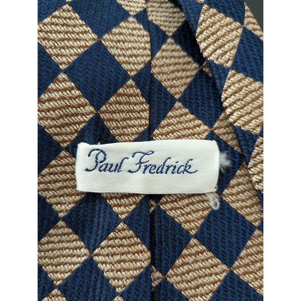 Paul Frederick Tie Italian Silk USA Made‎ Blue Beige Diamonds Jacquard 58